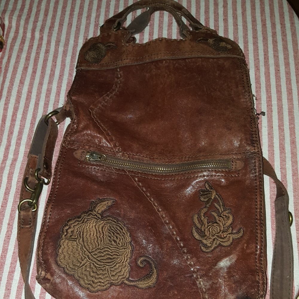 Lucky Brand Abbey Road Brown Leather Floral Embroi